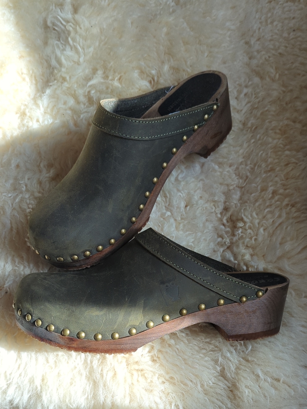 Olive Green Leather Studded Sandgrens Clogs
